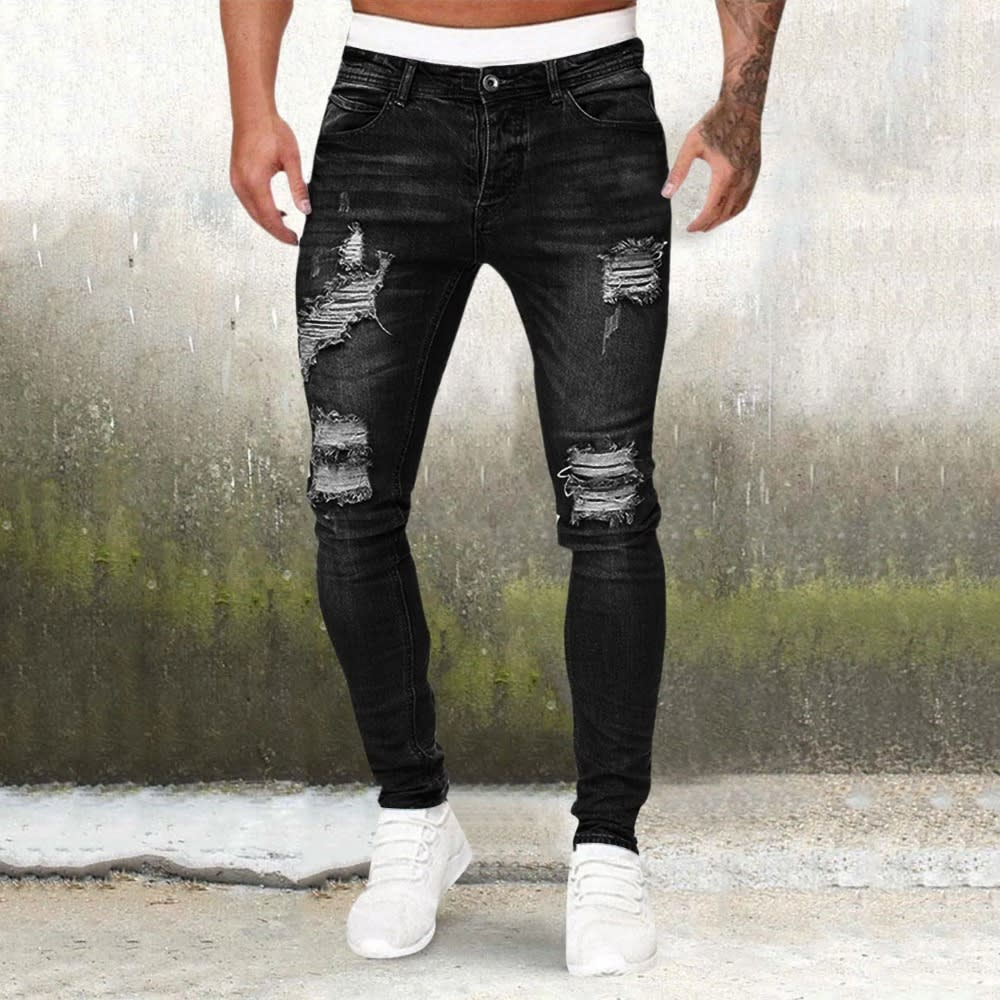 2024 Men's Fashion Street Style Ripped Skinny Jeans: Stretchy Destroyed Slim Fit Denim Pants